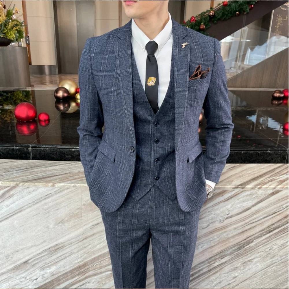 British Korean Style High Quality Modified Plaid Three-Piece Suit