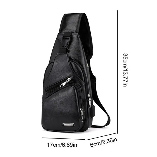 Simple and Fashionable Casual PU Men’s Chest Bag with USB Charging