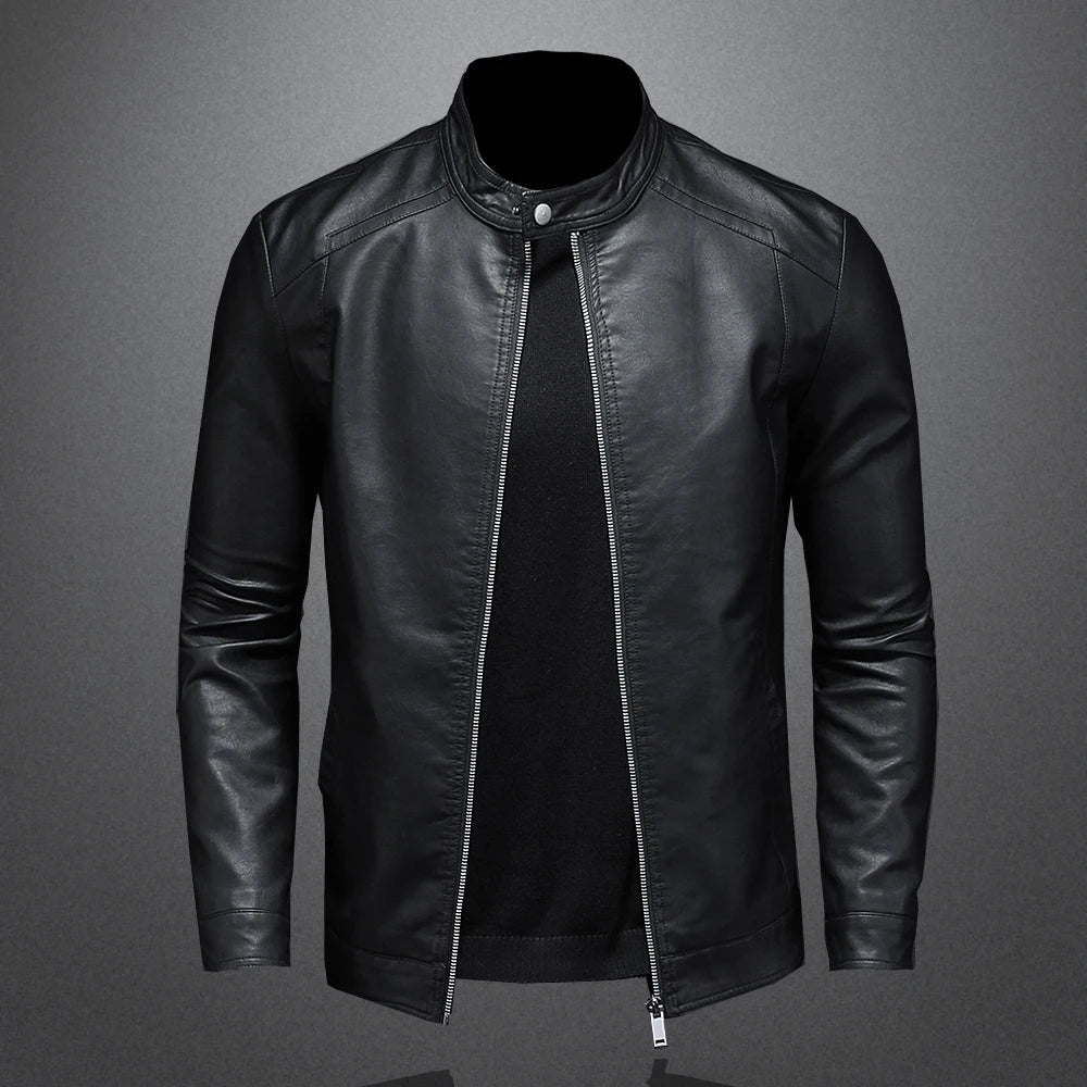 Spring Autumn Leather Jacket Men Stand Collar Slim PU Leather Jacket