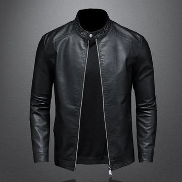 Spring Autumn Leather Jacket Men Stand Collar Slim PU Leather Jacket