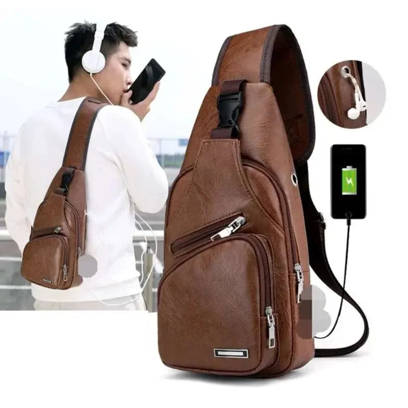 Simple and Fashionable Casual PU Men’s Chest Bag with USB Charging